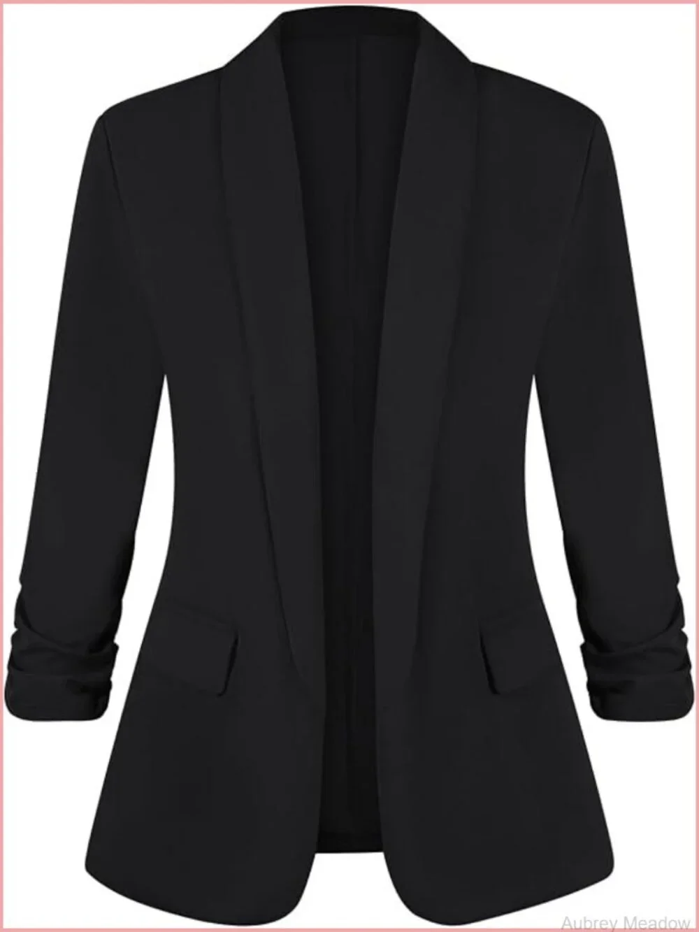 Ruched 3/4 Sleeve Blazer Shawl Lapel Padded Shoulder Open Front Pocket